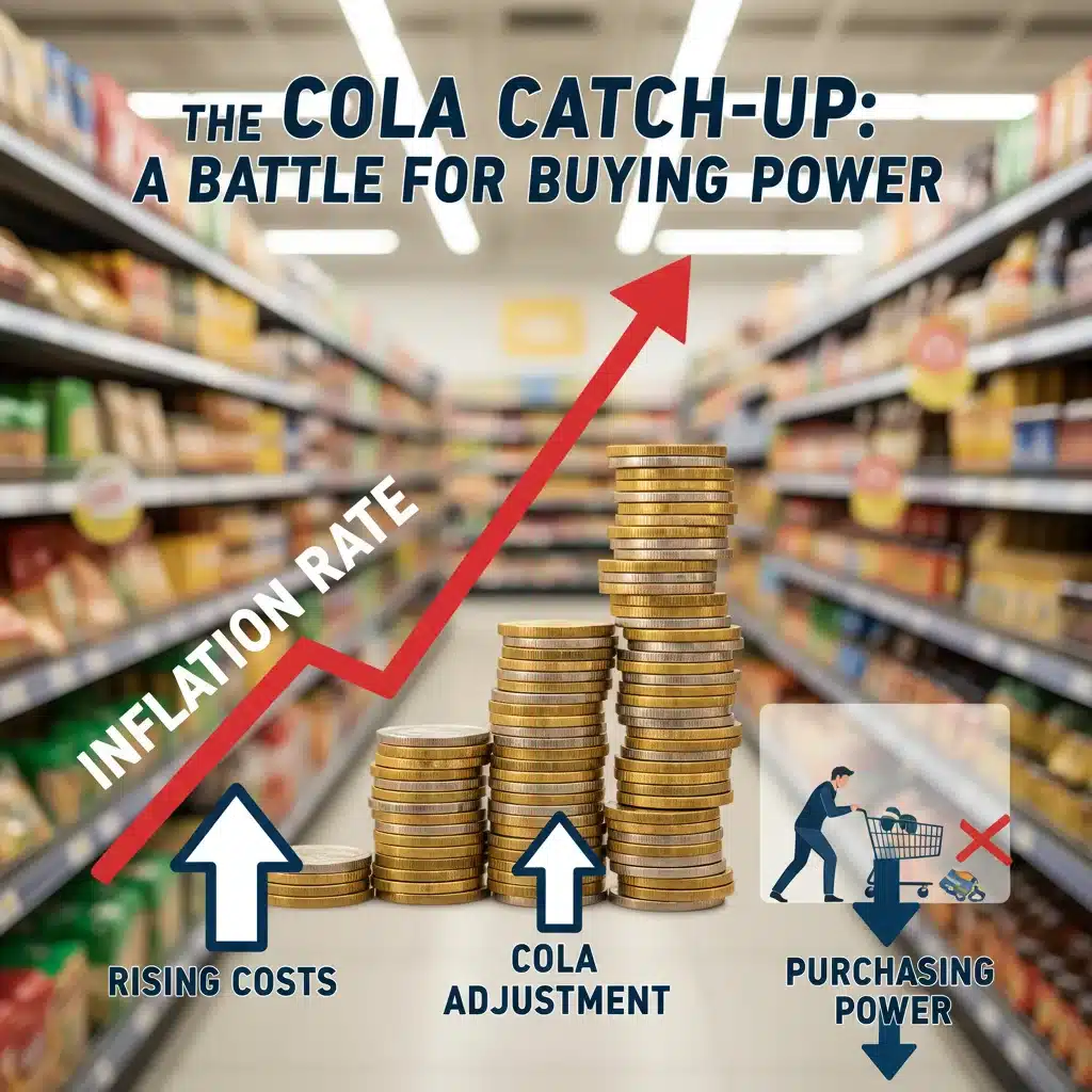 Inflation graph and growing stack of coins representing COLA's effect on purchasing power