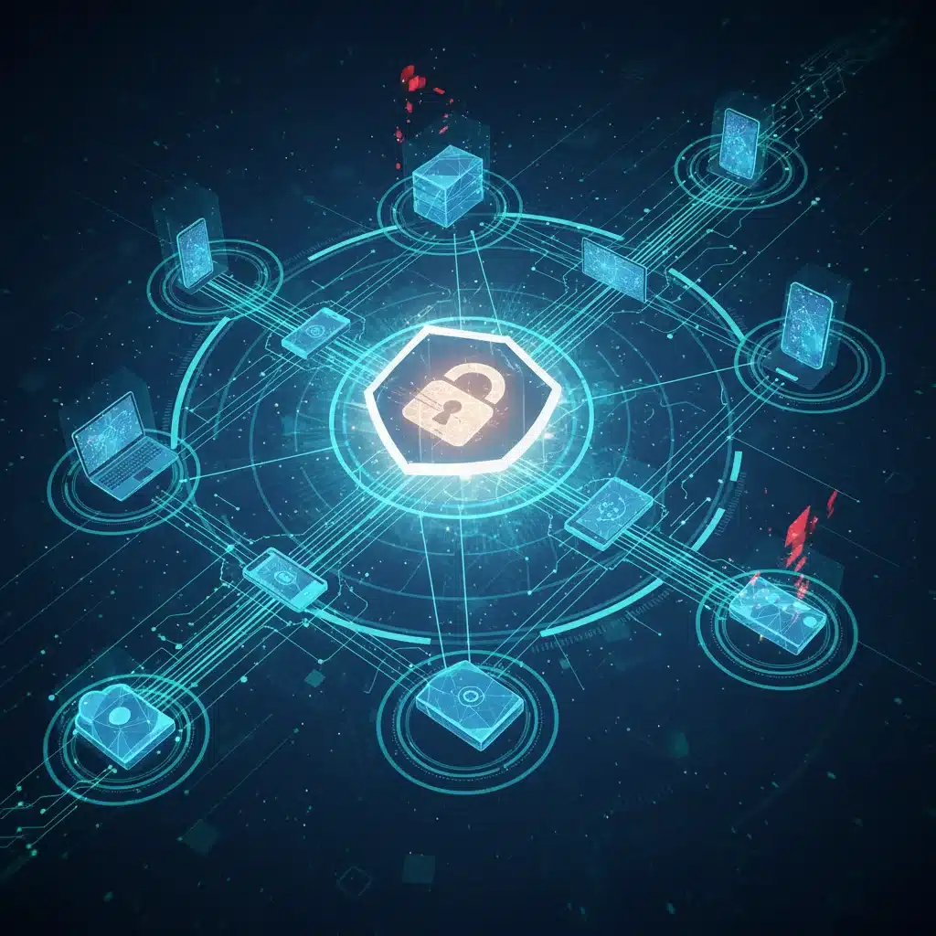 Secure digital network with glowing lines and a shield icon