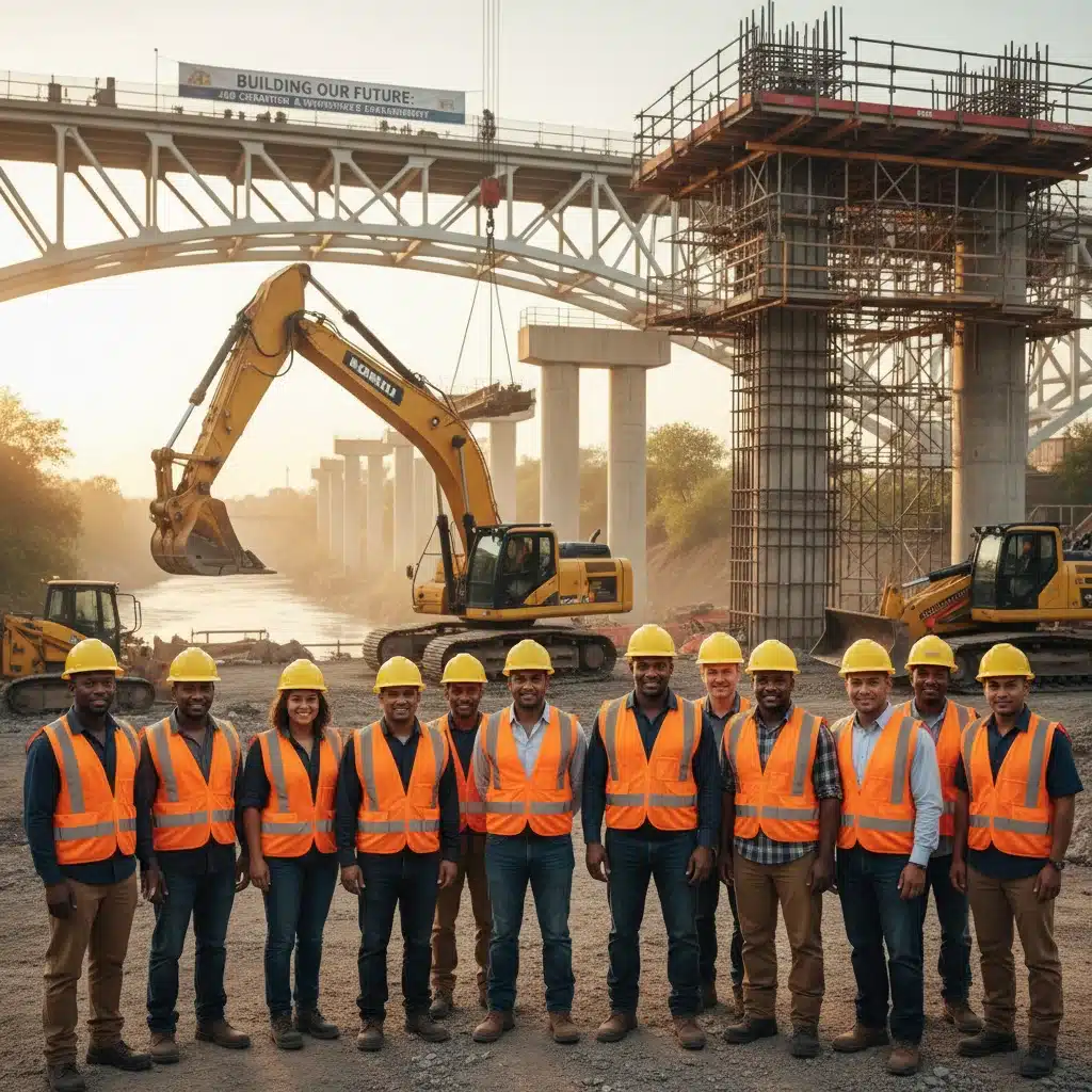 Diverse construction workers smiling on job site, representing job creation