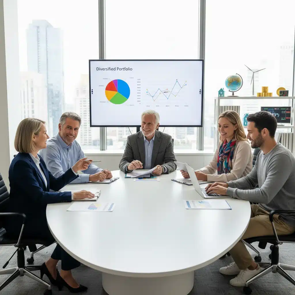 Diverse investors discussing financial planning and diversification with an advisor.
