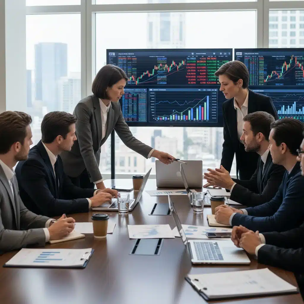 Financial experts discussing market trends and investment strategies around a conference table with charts.