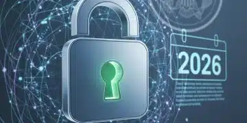 Digital lock over internet network with FCC logo and 2026 calendar, symbolizing new internet privacy rules.