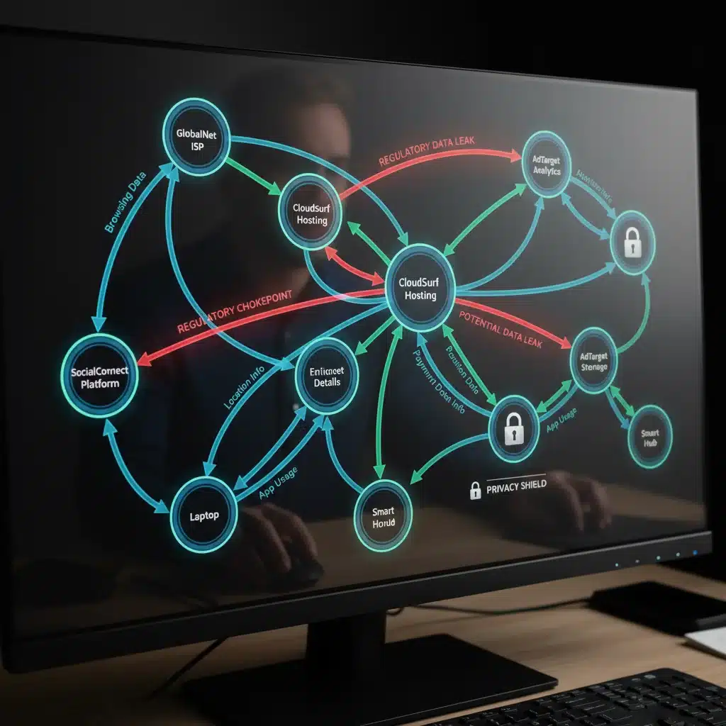 Complex data flow diagram on a computer screen illustrating internet service provider data handling and privacy concerns.