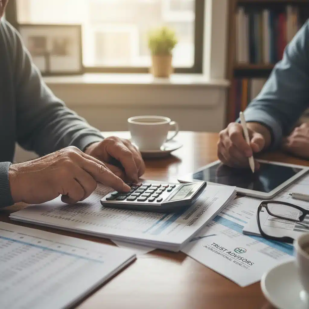 Hands reviewing Social Security statements with a calculator, symbolizing financial planning.