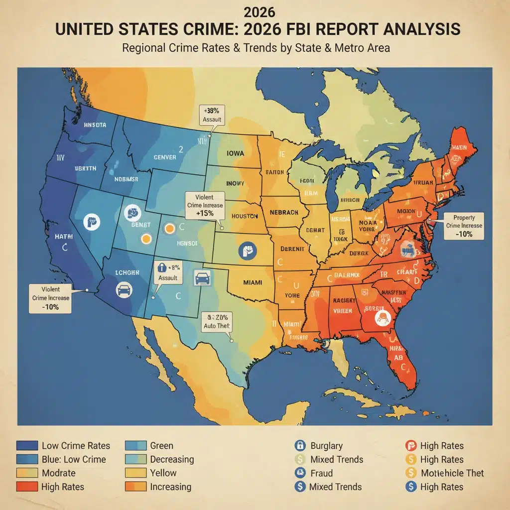 Map of US showing regional crime rate variations from FBI 2026 data.