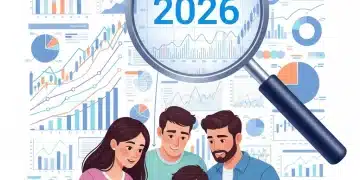 Charts and graphs representing 2026 economic indicators with a family reviewing finances.