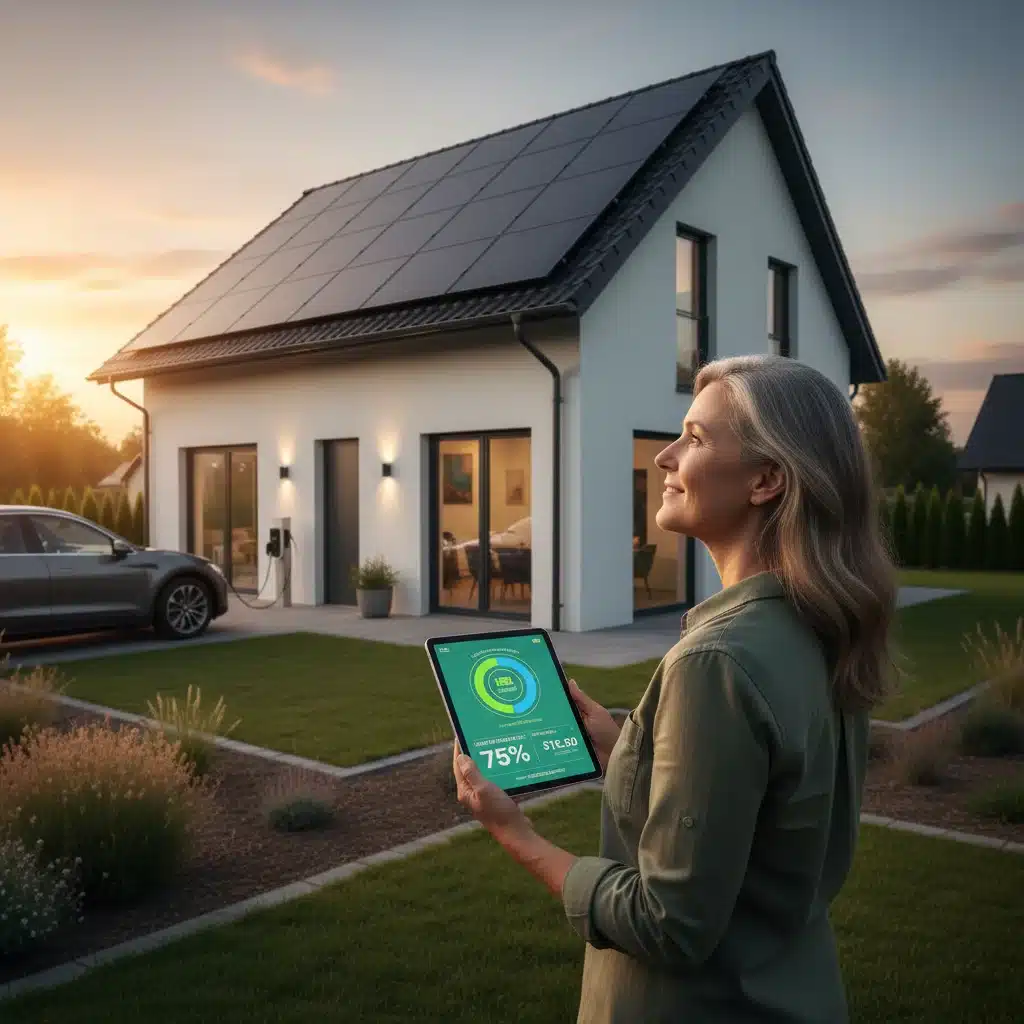 Homeowner with solar panels and smart energy monitor for consumer emission reduction