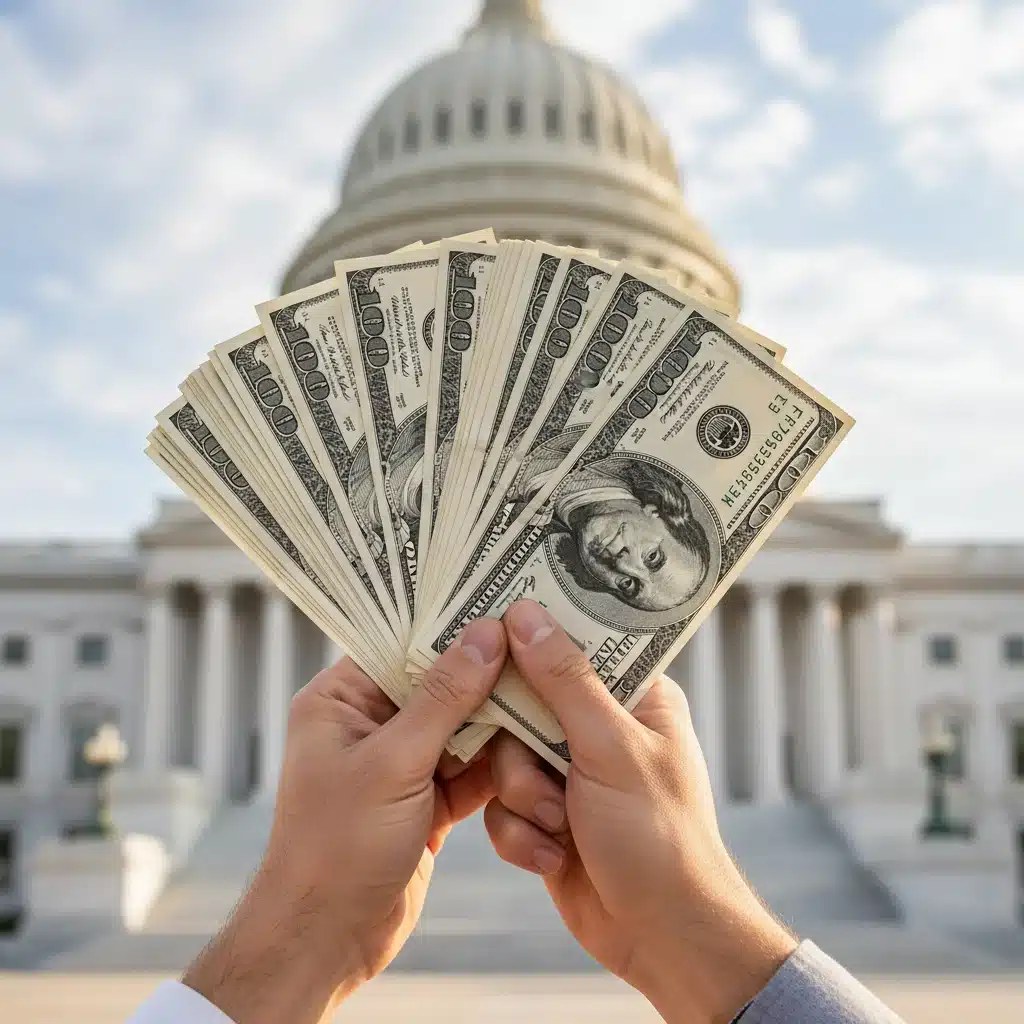 Hands holding dollar bills, representing direct financial assistance from federal programs.