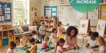 Diverse young children learning in a bright early childhood classroom, symbolizing increased education funding.