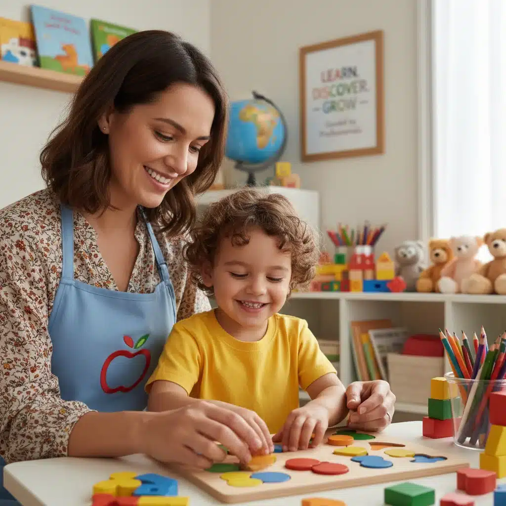 Dedicated early childhood educator engaging with a happy child in a supportive learning environment.