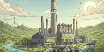 Factory with green smokestack and electric car representing EPA emissions regulations compliance