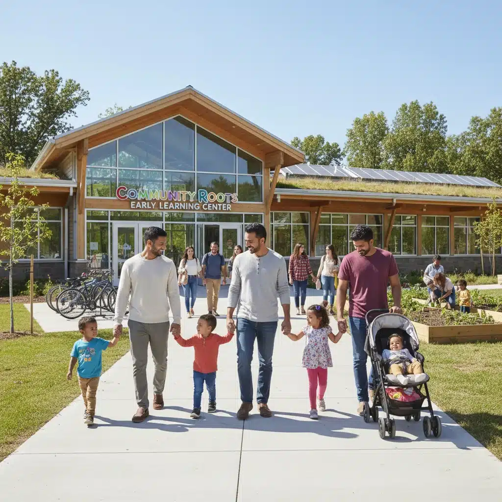 Families approaching a welcoming early learning center, representing improved access to childcare.