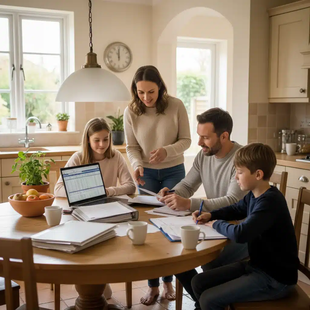 Family at kitchen table discussing finances, illustrating the positive impact of federal support.