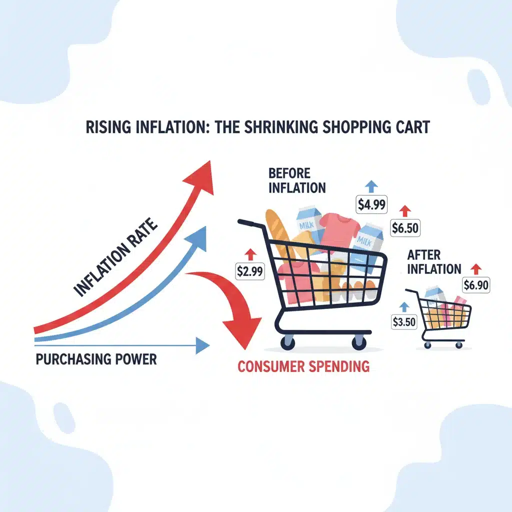 Infographic illustrating rising inflation and its effect on consumer purchasing power.