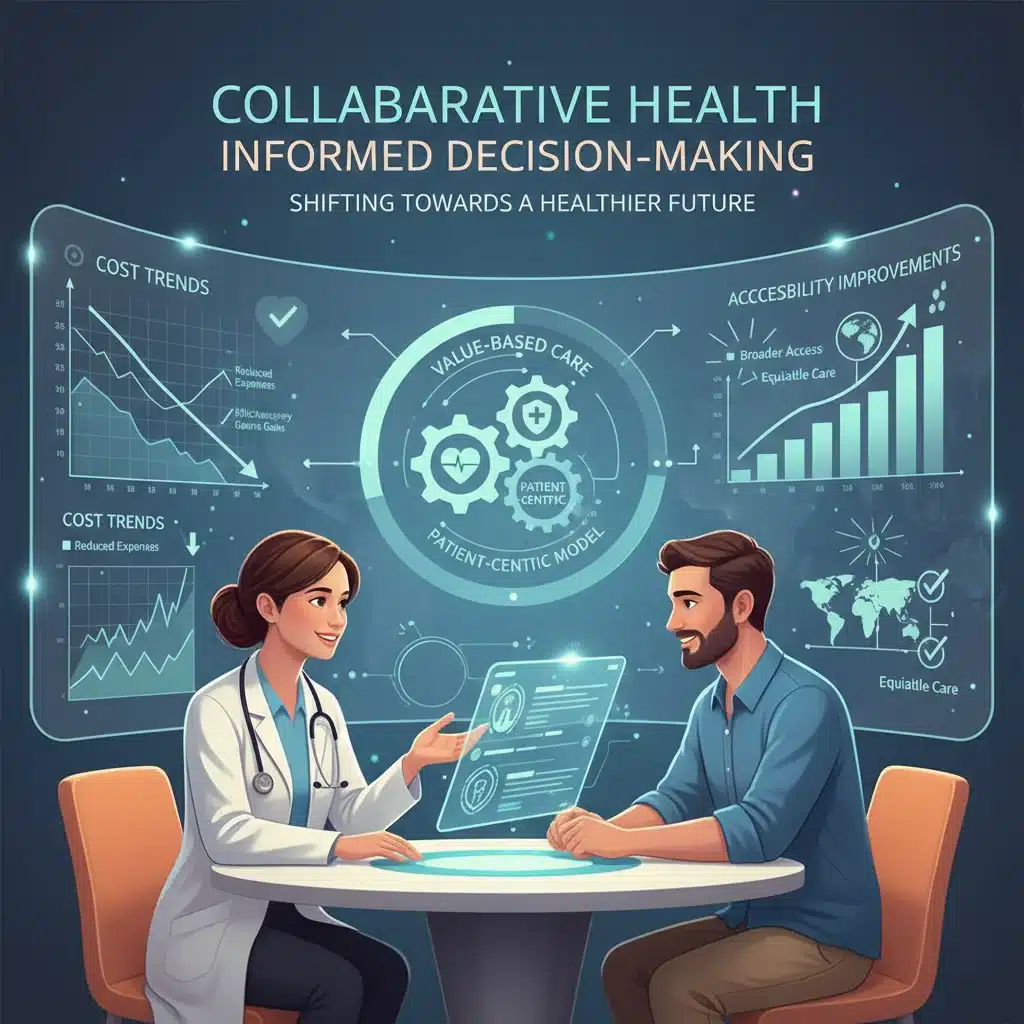 Patient and doctor discussing value-based care and personalized treatment plans in a modern healthcare setting.