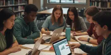 High school students preparing for 2026 standardized tests with books and digital tools