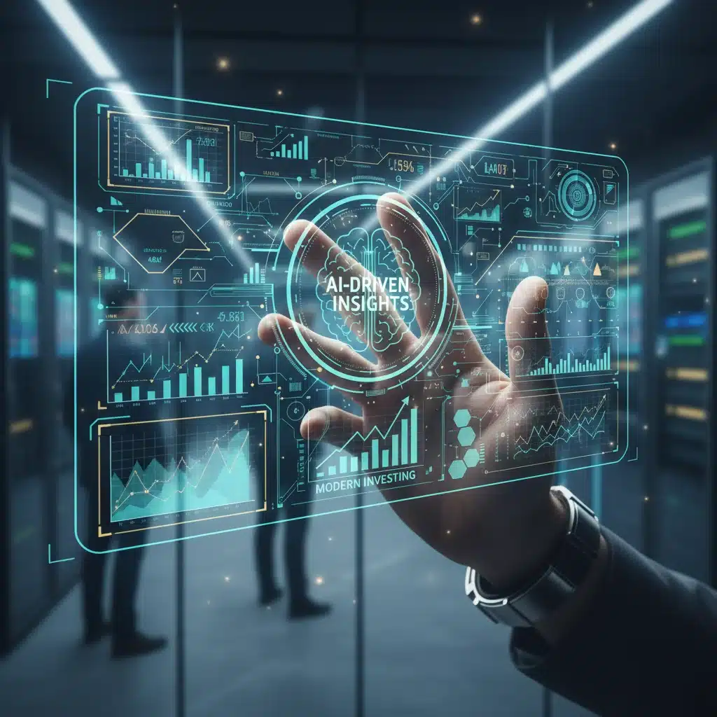 Hand interacting with holographic financial data, illustrating AI in investment.