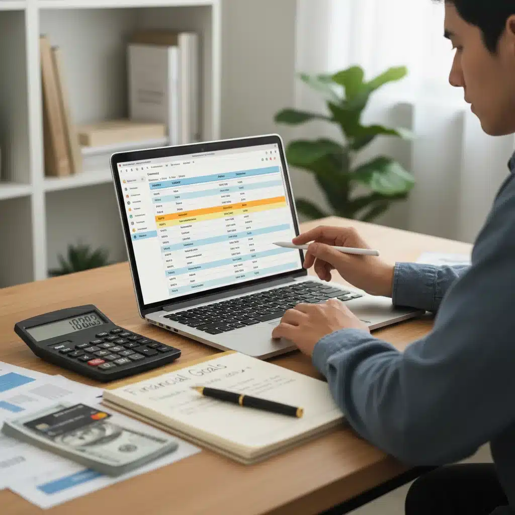 Person budgeting and tracking expenses on laptop