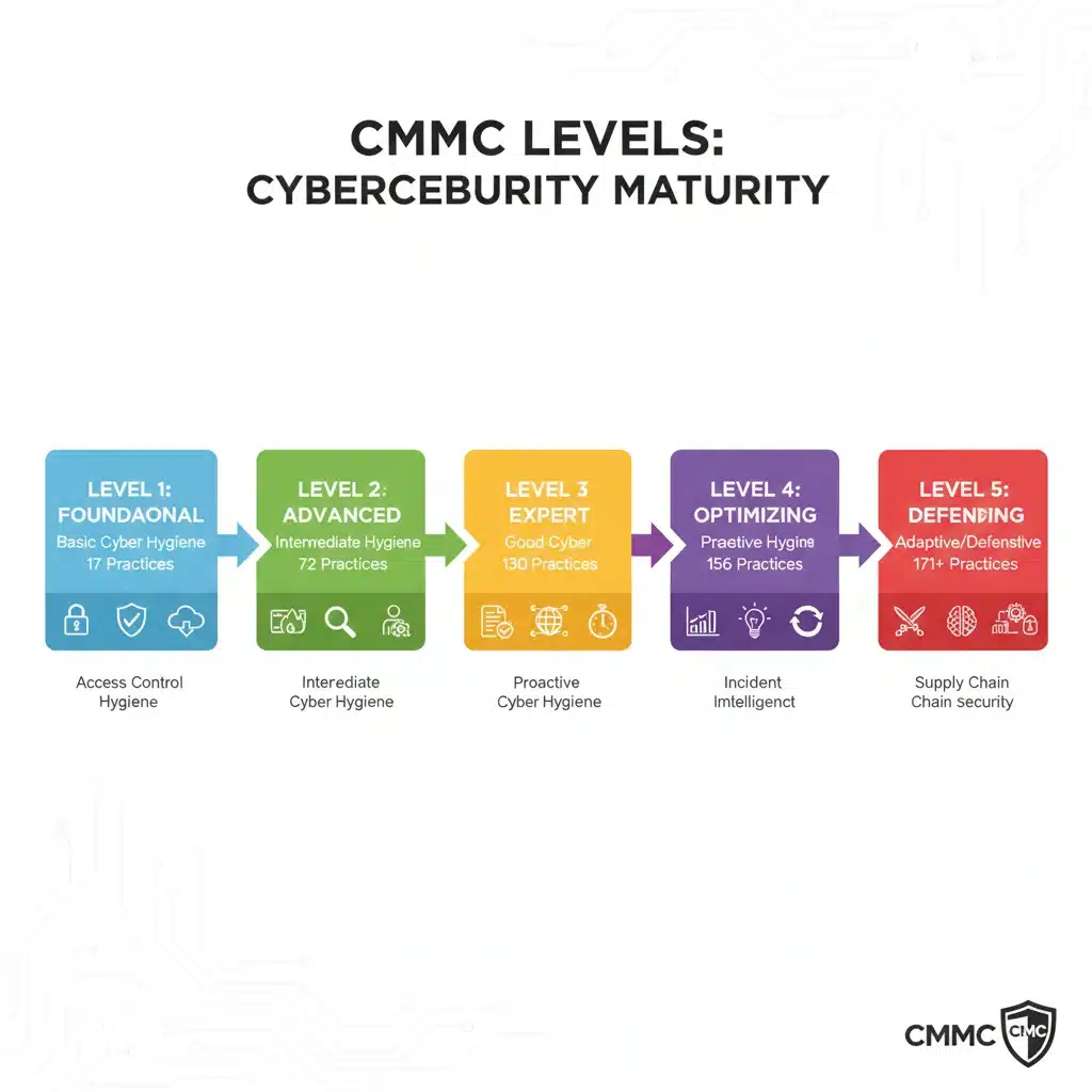 Infographic detailing CMMC levels and their corresponding cybersecurity maturity requirements.