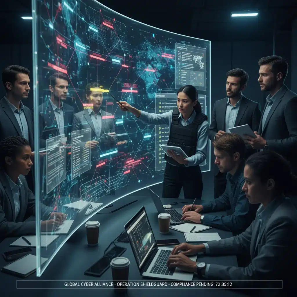 Cybersecurity team collaborating on compliance strategy and threat mitigation.