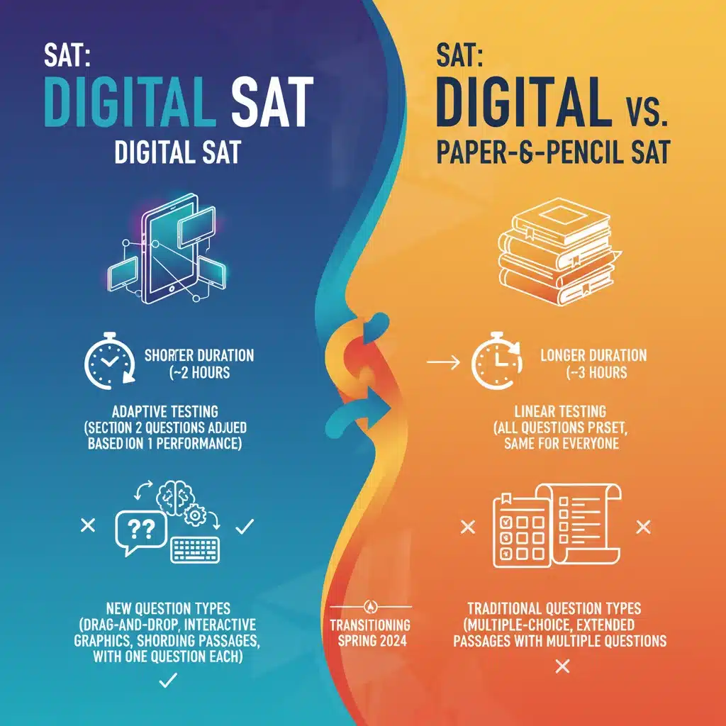 Infographic comparing digital SAT versus traditional SAT features and benefits