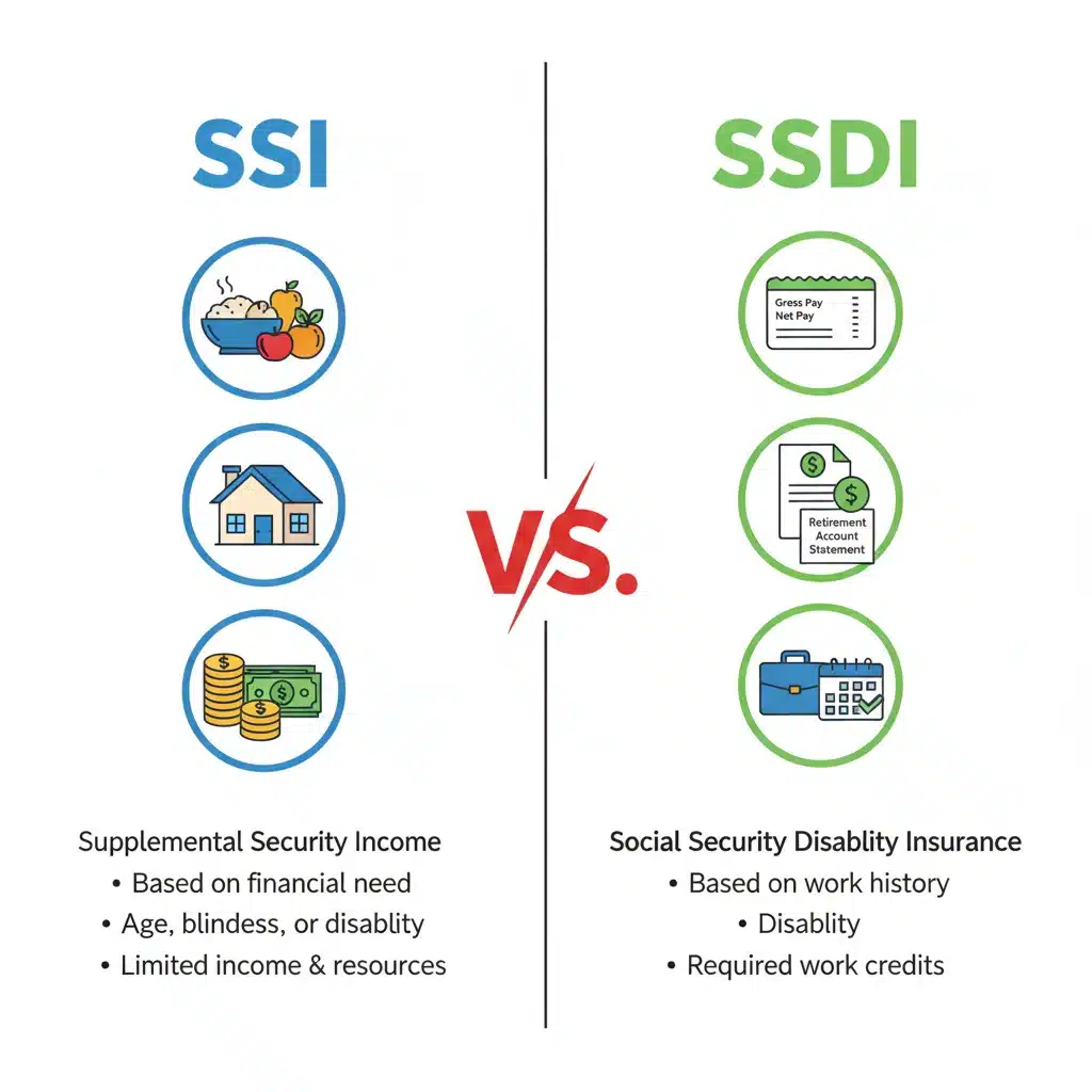 Infographic comparing SSI and SSDI benefits visually