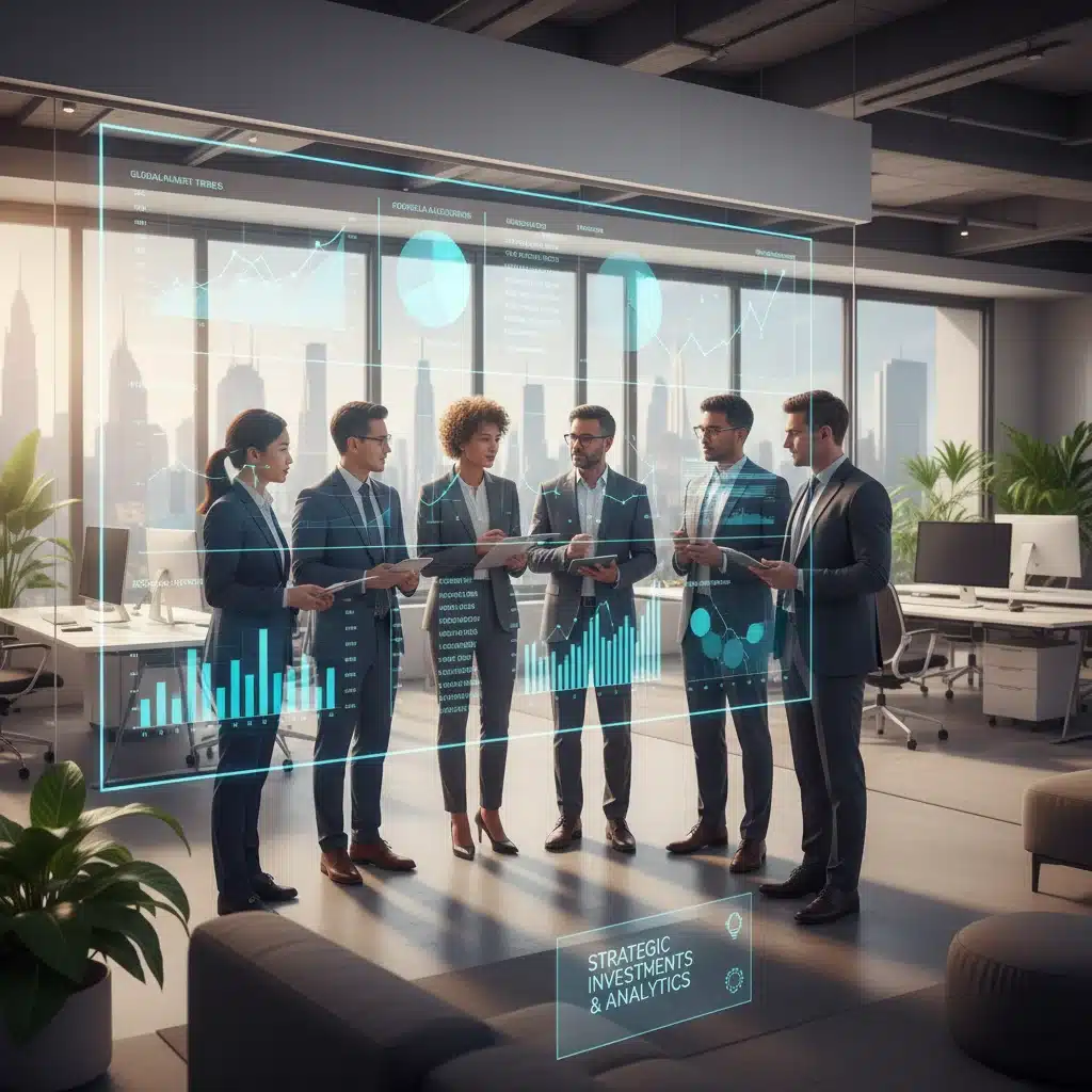 Professionals discussing financial charts in a modern office, representing strategic investment planning.