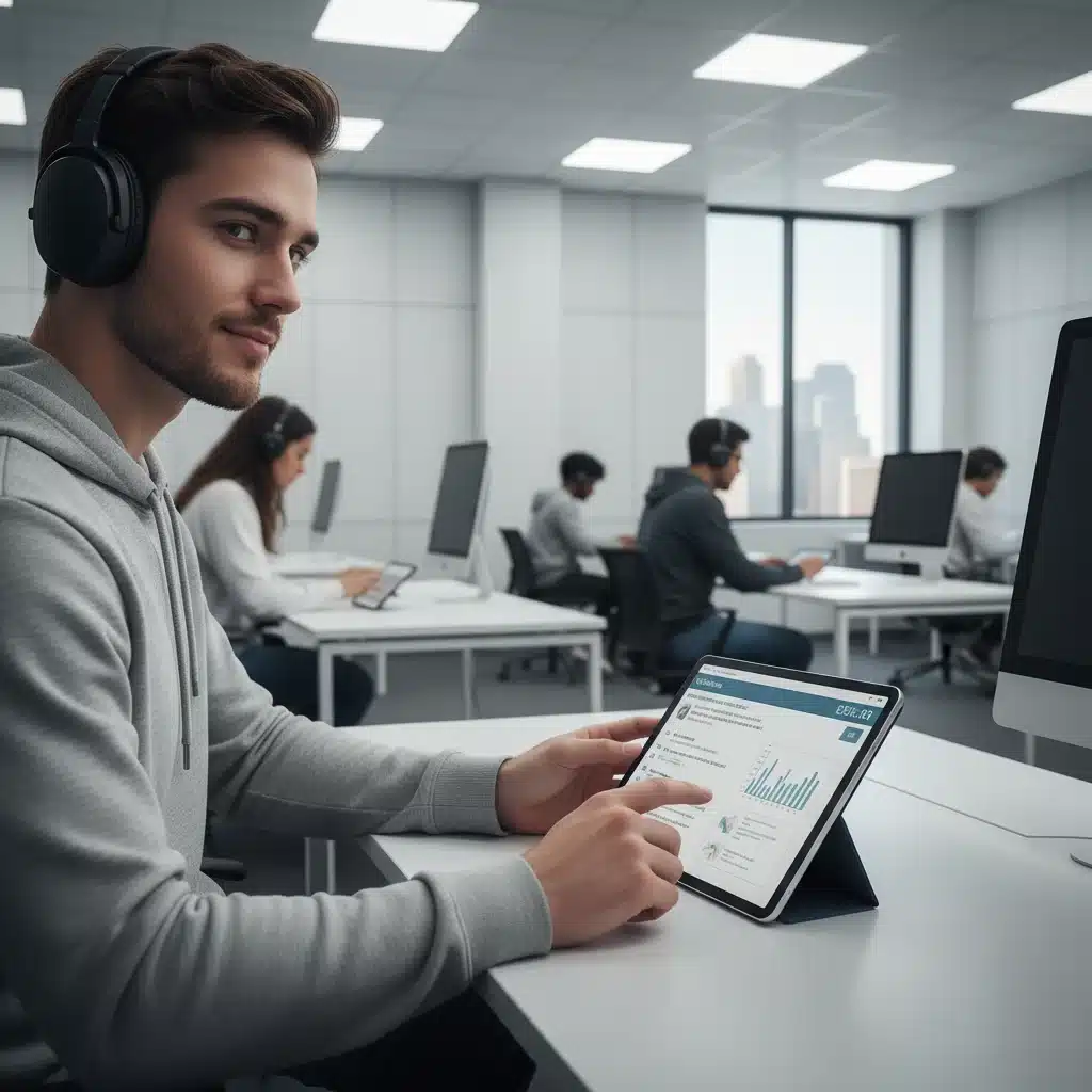 Student confidently taking digital standardized test in modern center