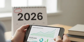 Hands holding smartphone displaying retirement savings chart with 2026 calendar