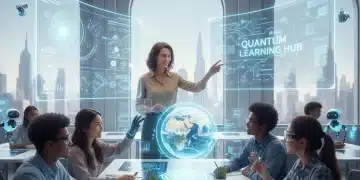 Students and teacher engaging with AI in a futuristic classroom setting
