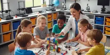 Children building a robot in a modern STEM classroom, symbolizing future innovation.