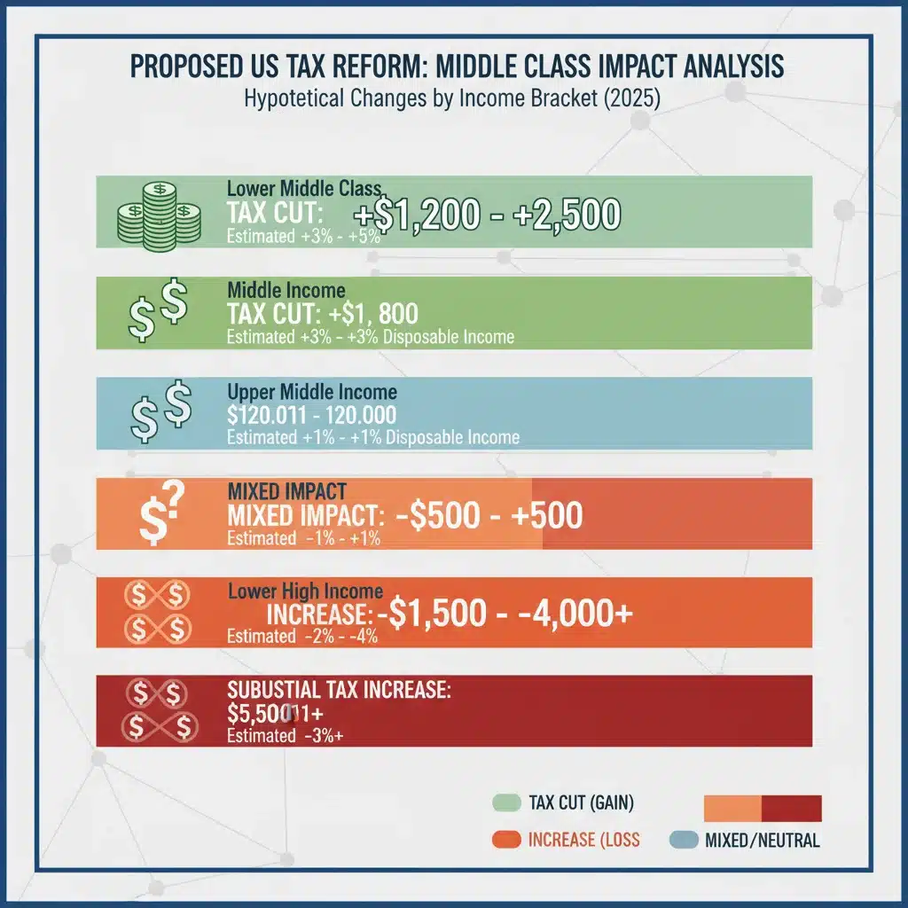 Infographic showing income bracket tax changes under proposed reform
