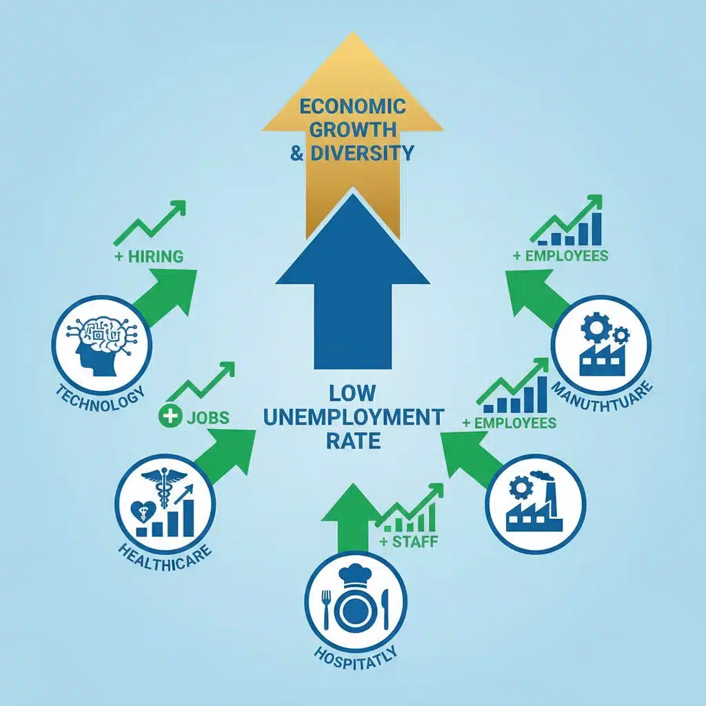 Icons representing growing industries like tech, healthcare, and manufacturing, indicating robust hiring.