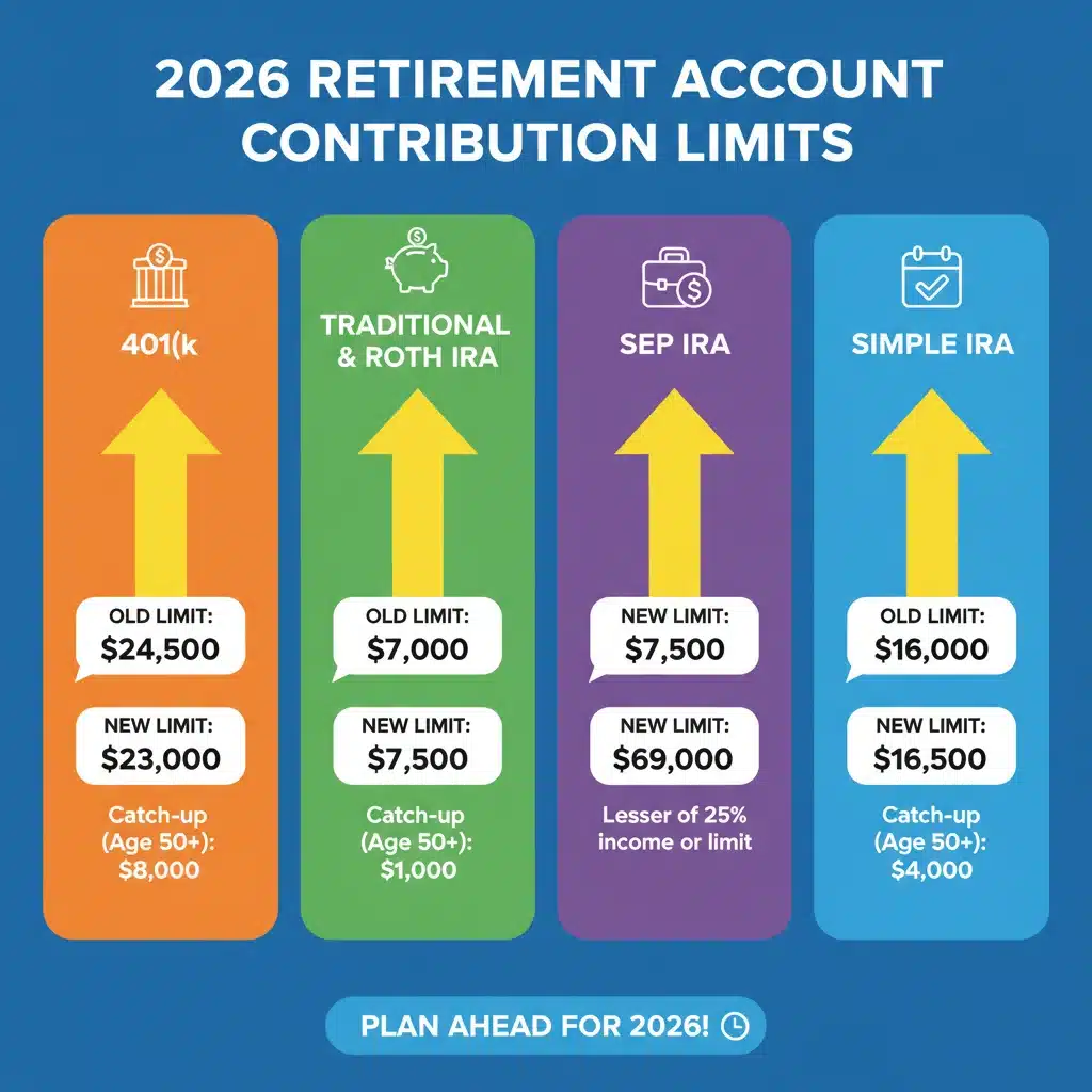 Infographic illustrating various retirement account types and their 2026 contribution limit increases