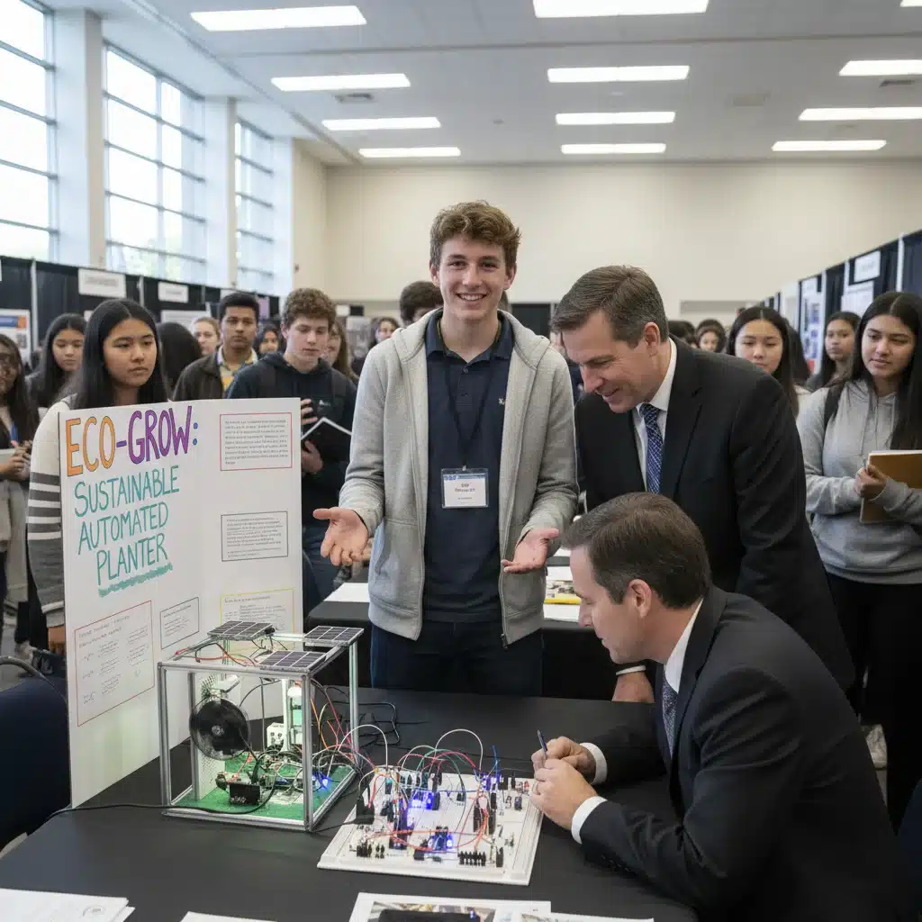 High school student presenting a successful science project to judges.