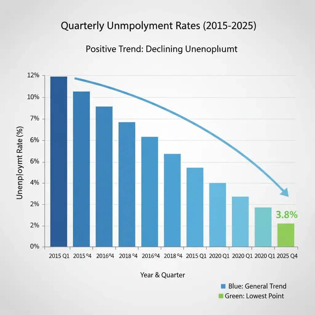 Bar graph showing a decade of declining unemployment rates, with Q4 2025 at 3.8%.